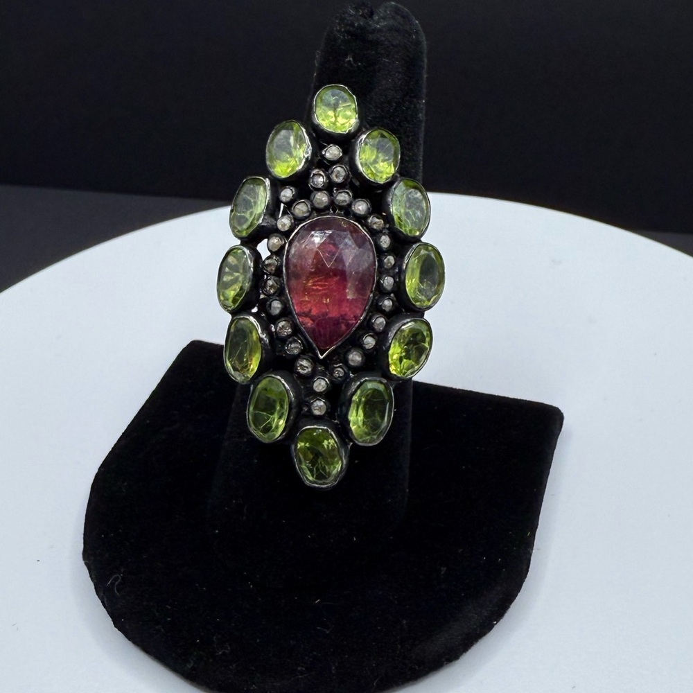 Antique 18th-early 19th Century Ruby, Peridot, Diamond Gold Silver Ring